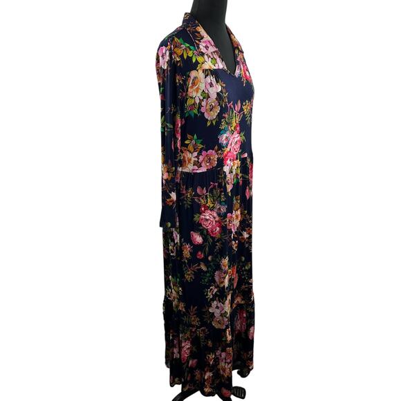 NWT Tolani Collection Blue Multi Floral Knit Collared Tiered Ruffle Maxi Dress M - Picture 3 of 9